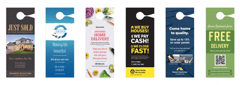 Sample door hanger ad designs for various businesses.