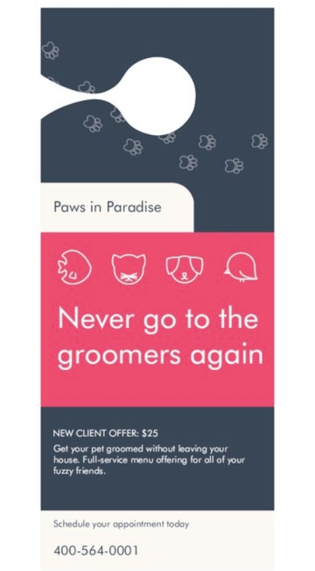 Vistaprint example of door hanger for pet grooming services.