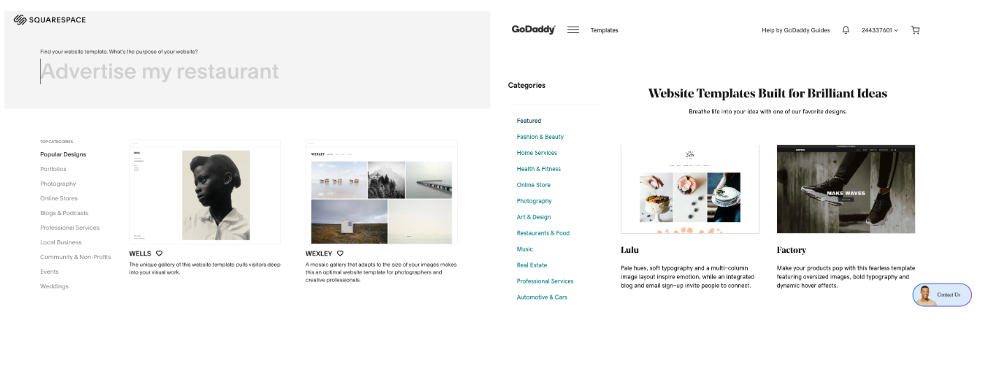 Squarespace vs GoDaddy: selezione modello