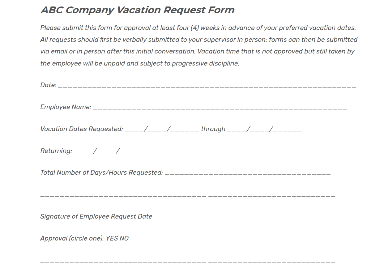 Vacation Request Form sample