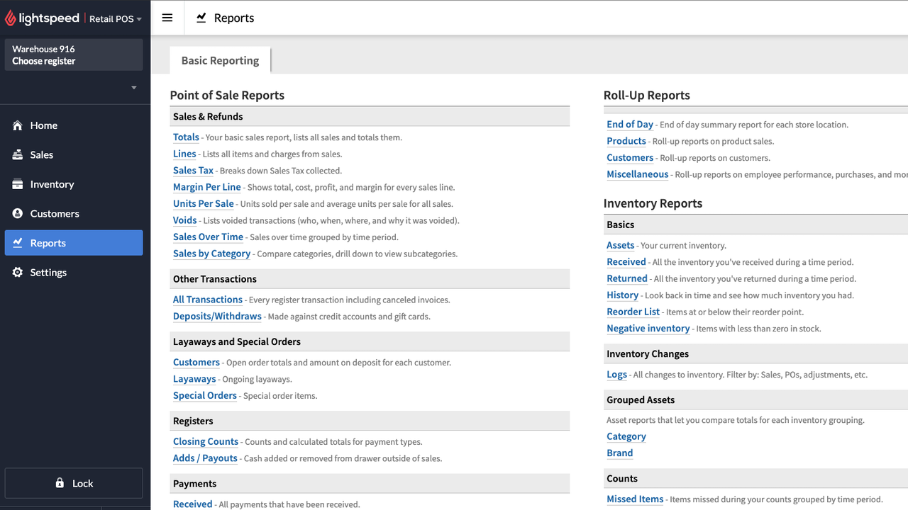 Lightspeed Retail Reports Page