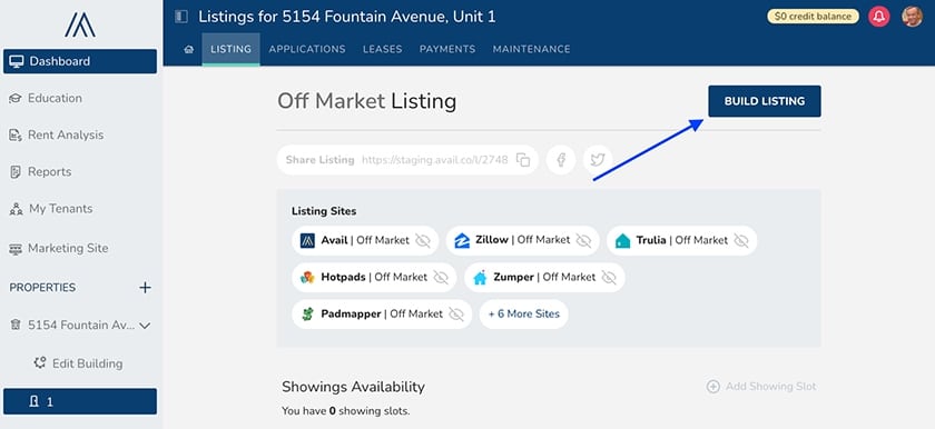 Avail property listing sites dashboard.