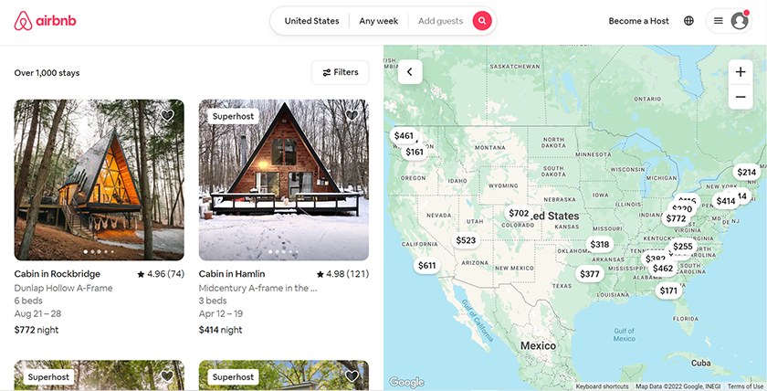 Airbnb vacation rental property listings.