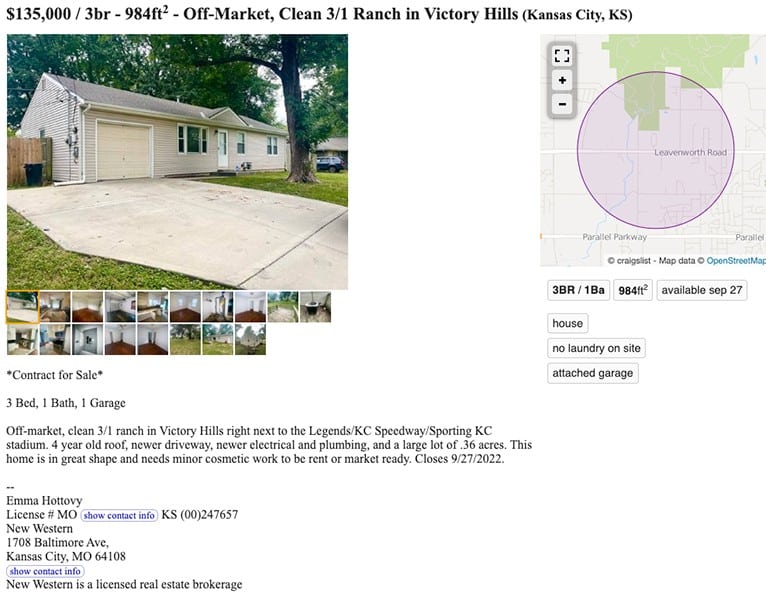 Craigslist Off-market real estate listing sample.