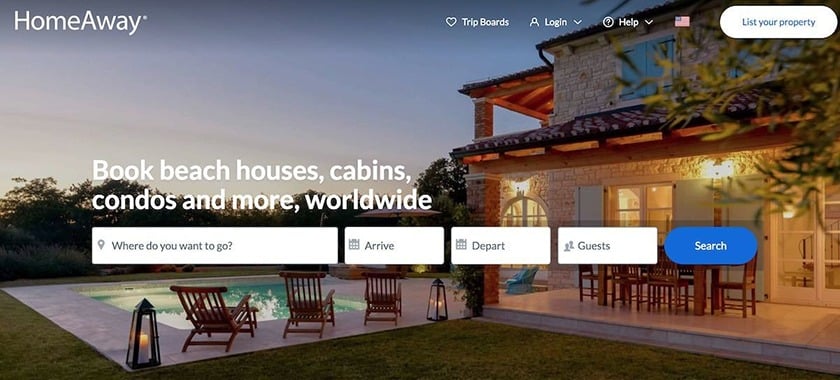 HomeAway landing page with property search form.