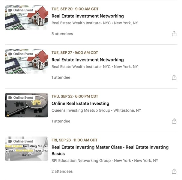 Meetup.com list of real estate investing events.