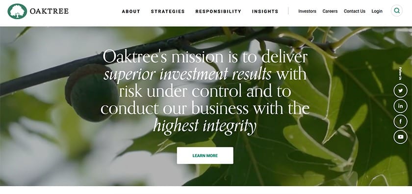 Oak Tree Capital website mission statement header.