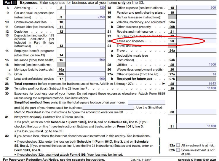 Taxes and license expenses section.