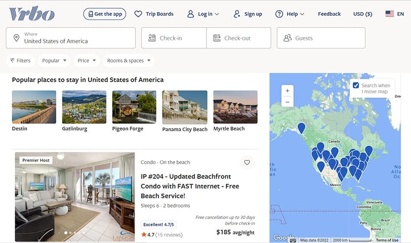 Vrbo listings of popular places to stay in USA.