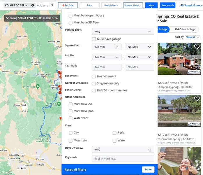 Zillow search filters interface.