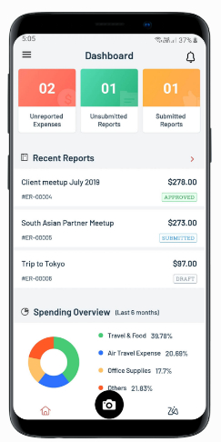 Zoho Expense mobile app dashboard interface.