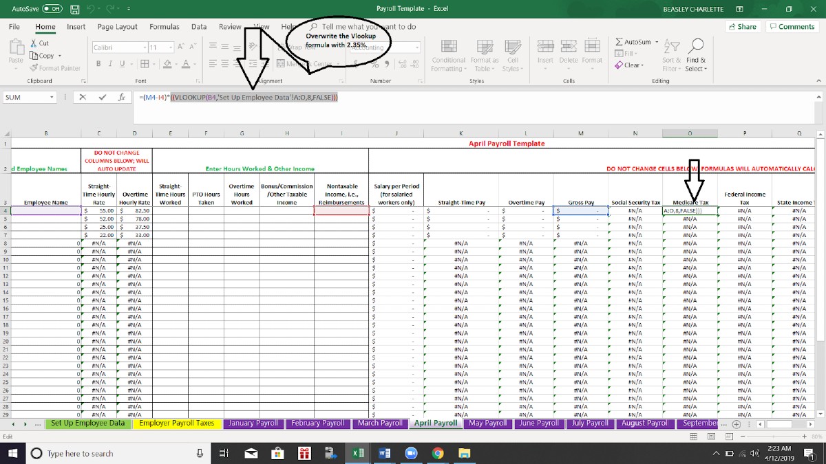 Screenshot of Employee Data Medicare Tax Formula