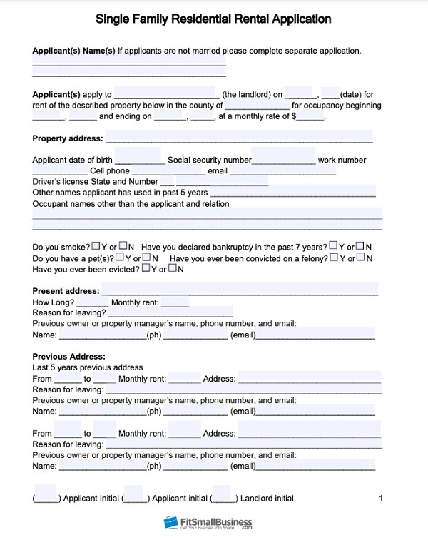 FSB Single family residential rental application template.