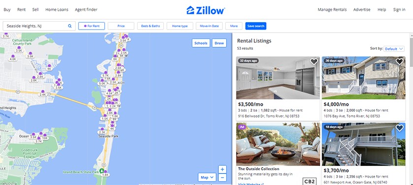 Zillow results on rental listings search in Seaside Heights, NJ