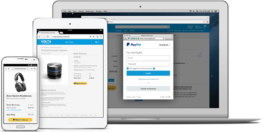Showing PayPal One-Touch checkout on mobile, tablet and laptop.