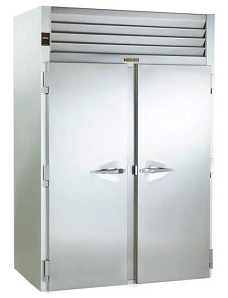Stainless steel, two-door commercial refrigerator.