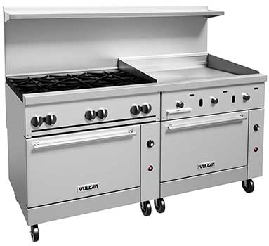 A Vulcan stainless steel industrial range with six burners and a griddle.