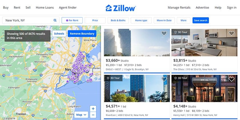 Zillow search result of rental listings in New York.
