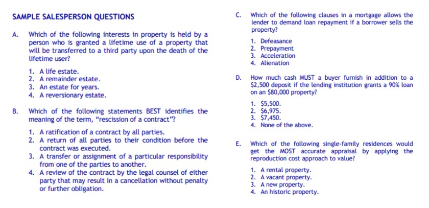 Sample salesperson exam questions.