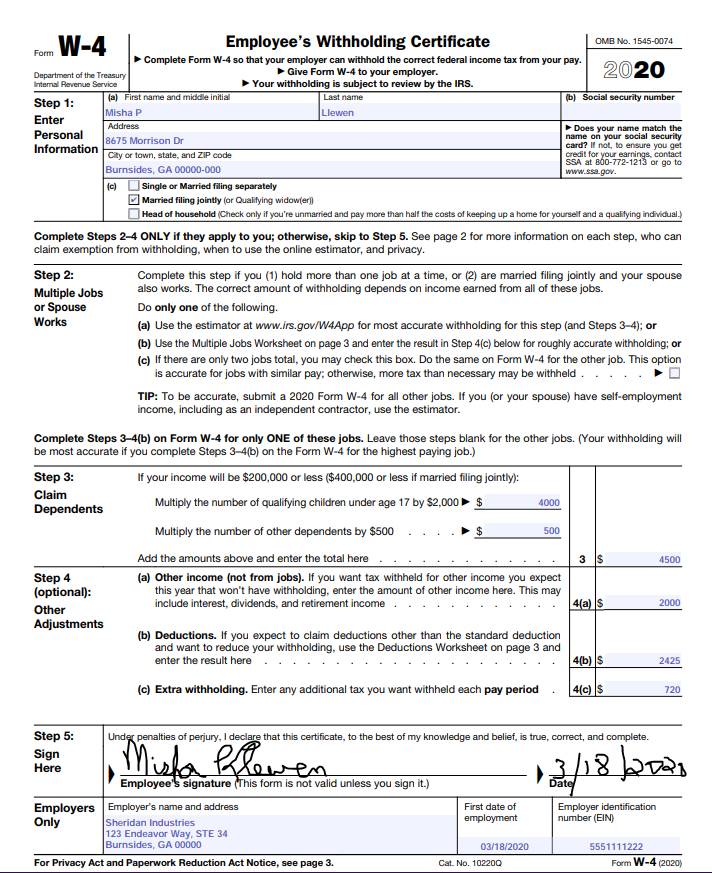 Complex W4 Form Employee’s Withholding Certificate Example