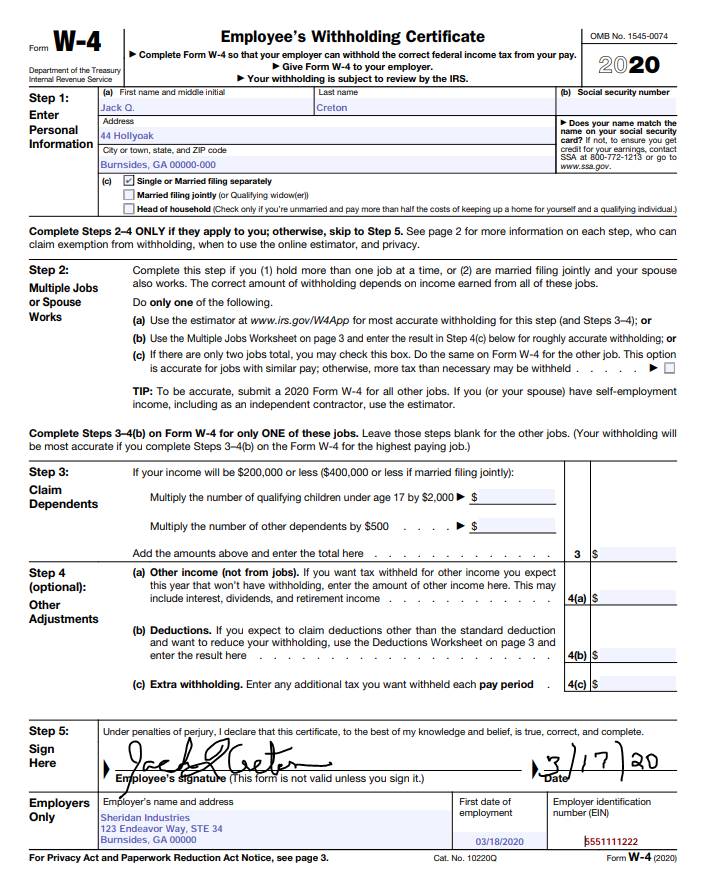 Simple W4 Form Employee’s Withholding Certificate Example