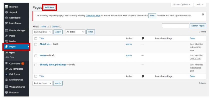 In the WordPress Dashboard, hover over Page to Add and Customize Pages.