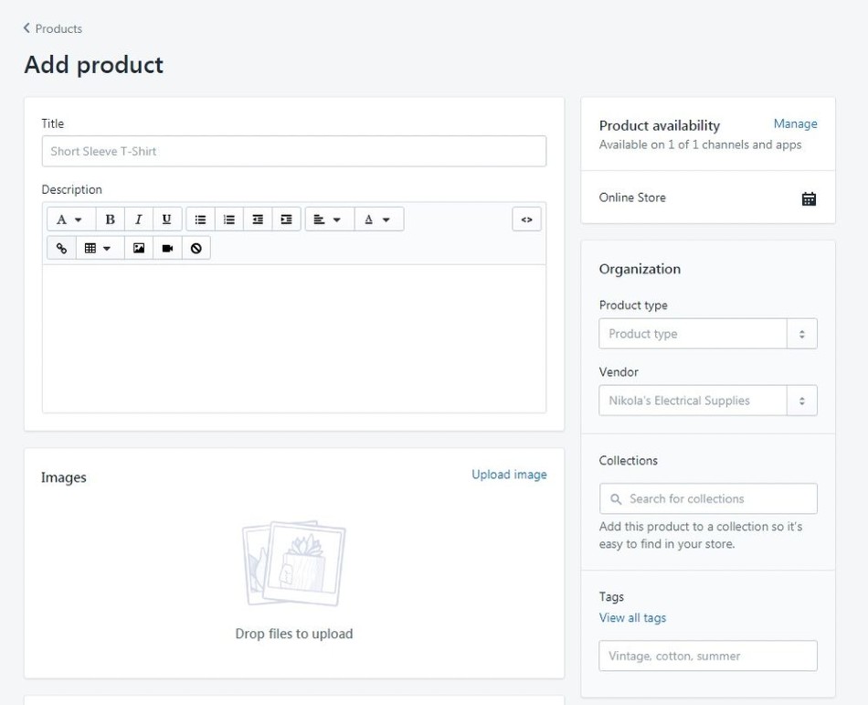 Adding product, one of Shopify's menus which is sleek and easy to use.
