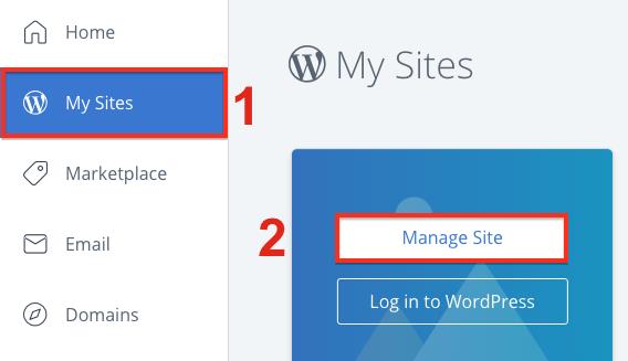 Choosing My Sites on WordPress dashboard then Manage Site.