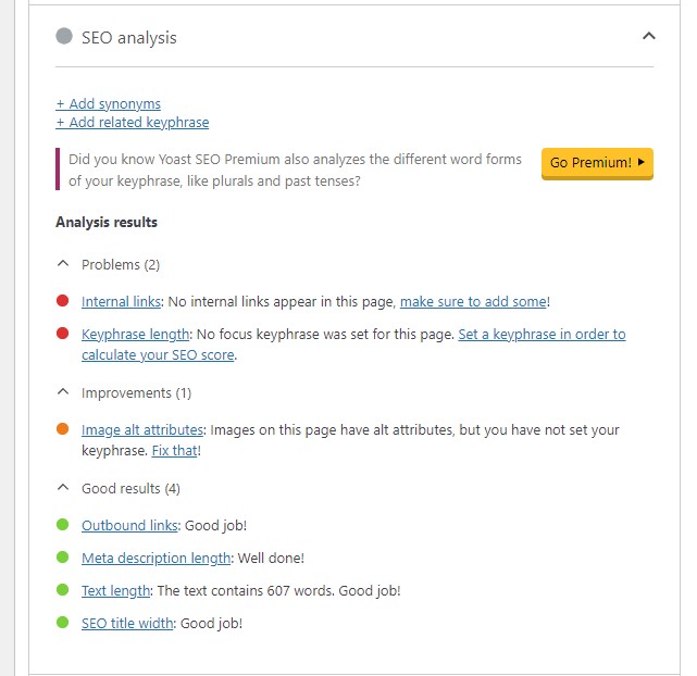 Analysis result of the Yoast SEO plugin