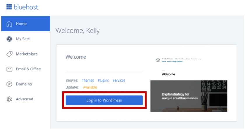 Screenshot of Bluehost Dashboard Featured WordPress Installation