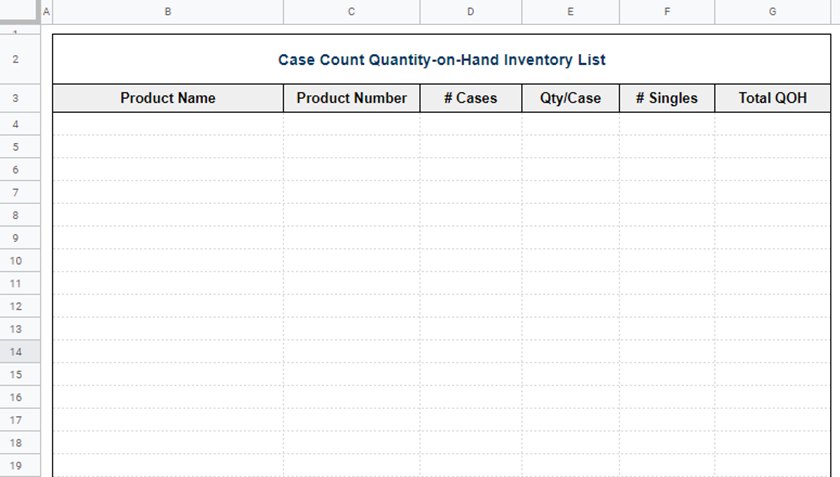 Screenshot of Case Count Quantity-on-Hand Inventory Template