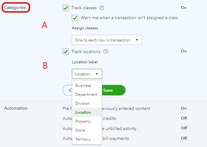 Category settings in QuickBooks Online