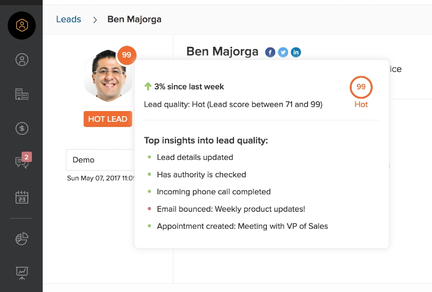 A profile in Freshsales that shows lead scoring.