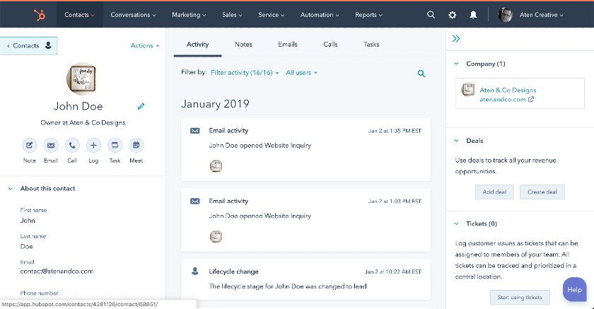 HubSpot CRM contact interface