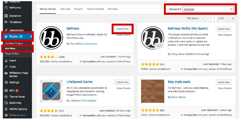 Screenshot dell'installazione del plugin bbPress in WordPress