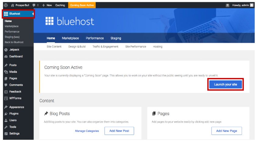 Schreenshot van het lanceren van een WordPress Site met Bluehost