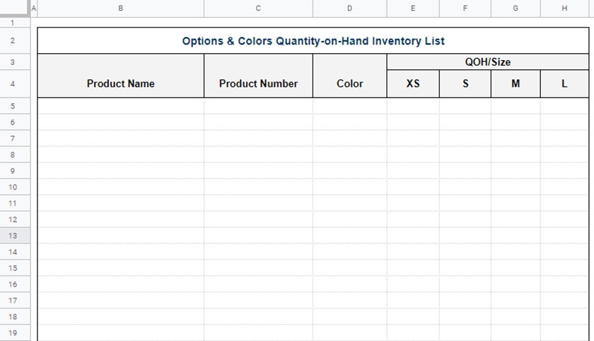 Options & Color Quality-on-Hand Inventory list