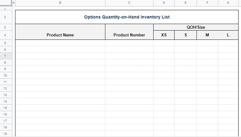 Options Quality-on-Hand Inventory list