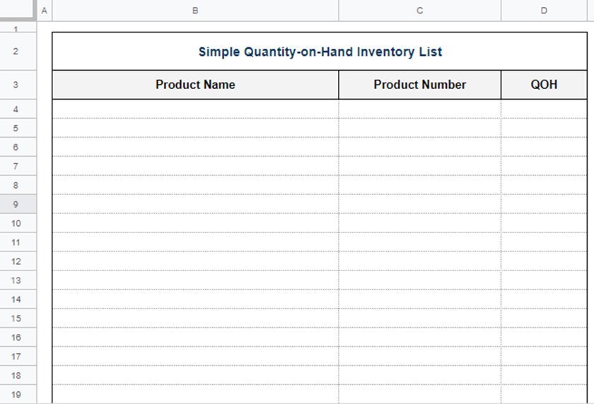 Screenshot of simple quantity-on-hand inventory template