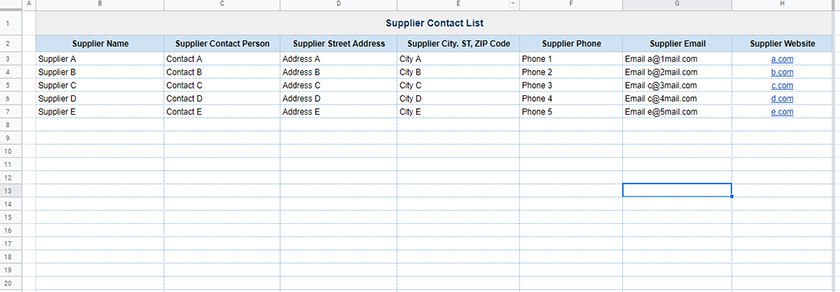 Screenshot of Supplier Contact List Template