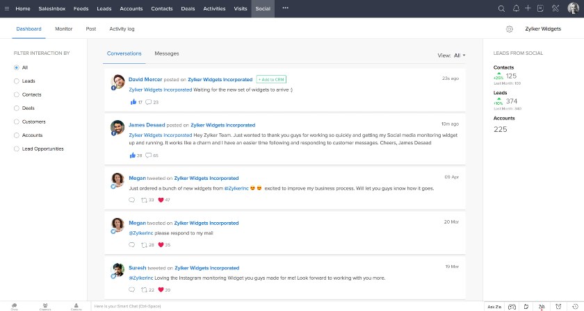 Zoho CRM social dashboard