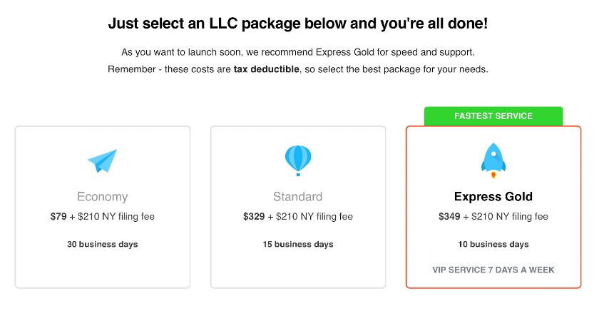 Screenshot of Selecting LLC Package