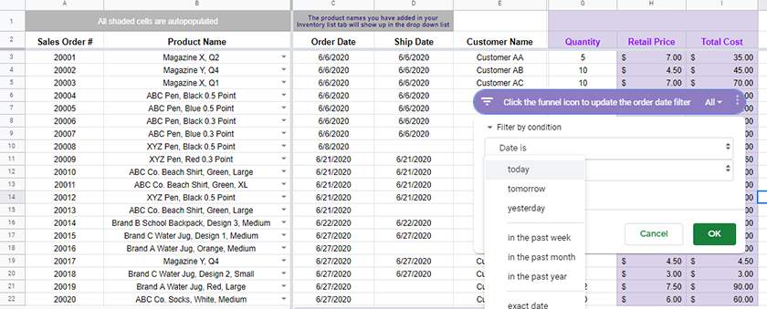 Screenshot sales record template