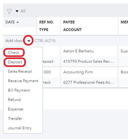 Create a new check or deposit in QuickBooks Online