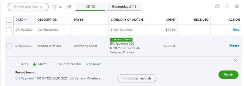 Match Imported Bank Transactions in QuickBooks Online