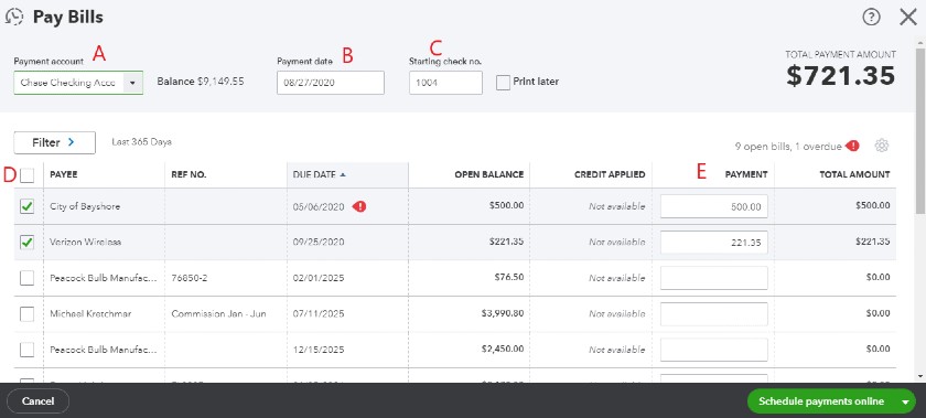 Select bills for payment in QuickBooks Online