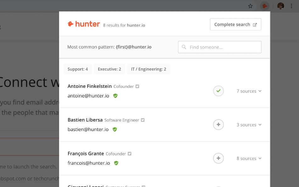 Screenshot of Hunter Search Results