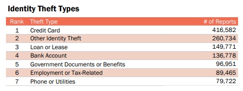 Number of identity theft report types by subcategory.