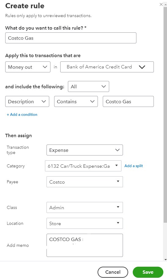 Automatic Rule Details in QuickBooks Online