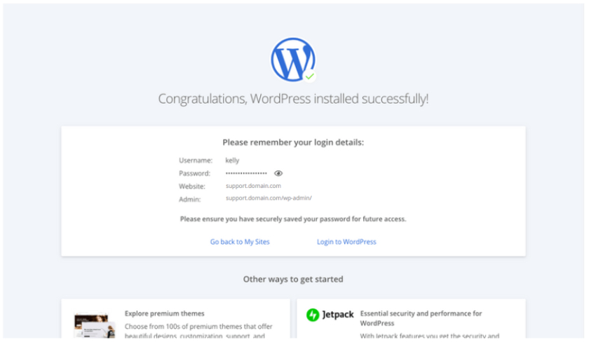 Bluehost congratulations page after successful installation of WordPress.